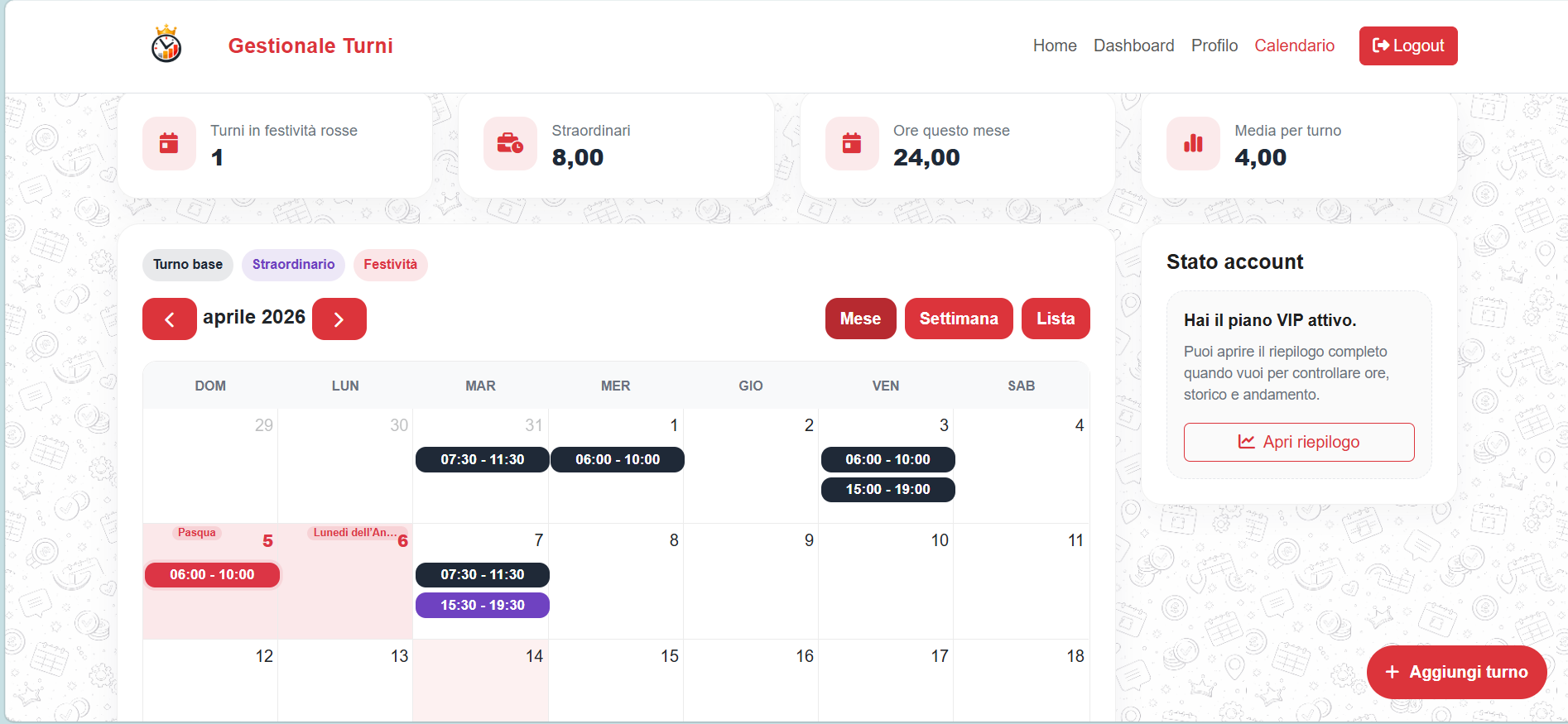 Calendario turni UltraHub